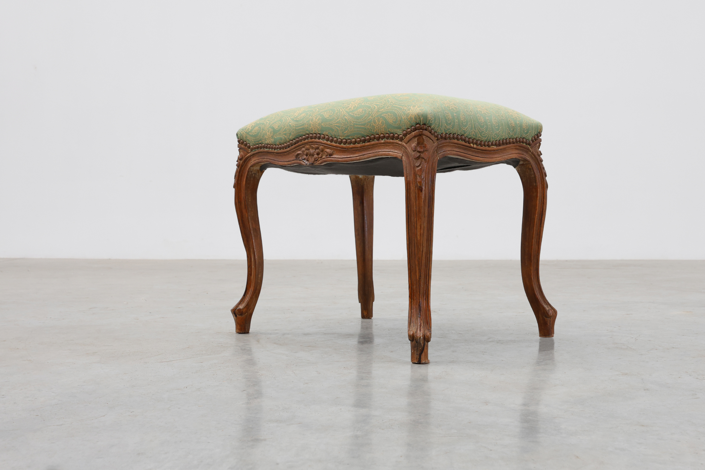Louis XV stool with carved floral apron and original damask upholstery, France ca. 1900thumbnail